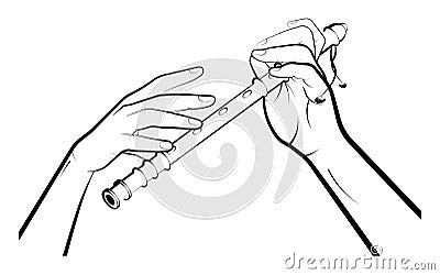 Mans hands are playing on a wooden pipe, flute. Musical folk wind instruments. Isolated vector on white background Stock Photo