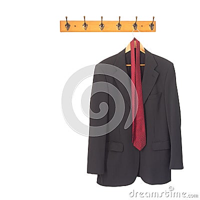 Mans grey suit jacket and tie on hanger, hung up and isolated on white. Retirement, redundancy concept or working late. Stock Photo