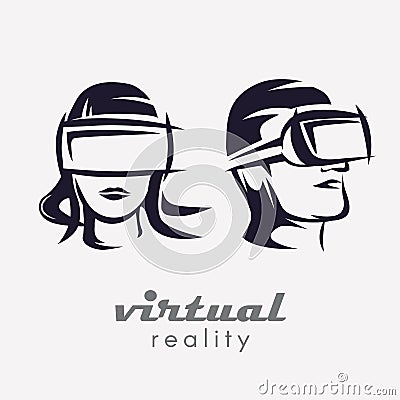 Mans and womans head in VR glasses icon, Vector Illustration