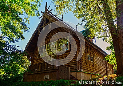 The mansion is decorated with wooden carving in the Abramtsevo estate, Moscow region, Russia Stock Photo
