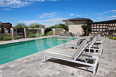Mansion home outdoor plaza patio and pool Stock Photo