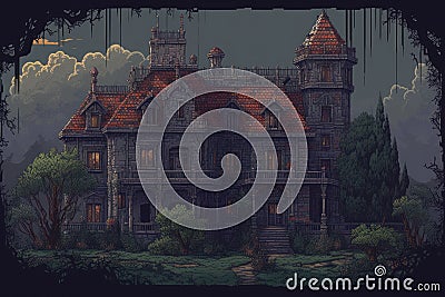 Mansion pixelart villa night. Generate Ai Stock Photo