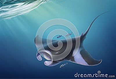 Manta floats top view under water. Cartoon Illustration