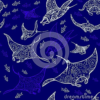 Manta ray and fish seamless Vector Illustration