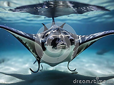 A manta ray gracefully swimming in blue waters at mid-morning Stock Photo