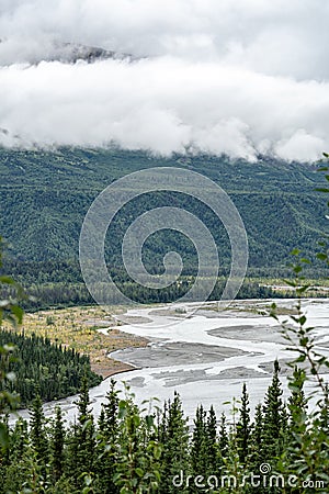 Mantanuska River view with sandbars from Alaska`s Glenn Highway Stock Photo