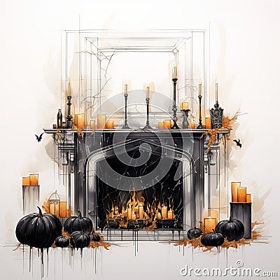 Halloween Fireplace In Black Oil Painting On Paper Cartoon Illustration