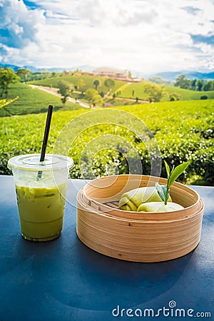 Mantou green tea and fresh milk green tea are popular beverages of Chui Fong Rai, Chiang Rai Province Stock Photo