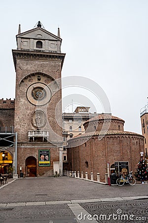 Mantua, Lombardy, Italy, December 2015: The Clock Tower of Rotonda di San Lorenzo church located in Piazza delle Erbe Editorial Stock Photo