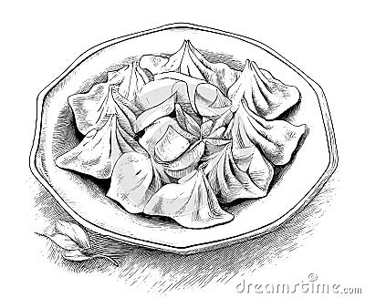 Manty dumplings hand drawn engraving sketch Restaurant business concept Vector Illustration