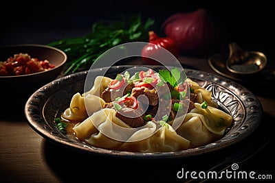Manty or Manti, Traditional Oriental Steamed Dish Stock Photo