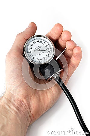 Manual blood pressure monitor in hand medical tool isolated Stock Photo