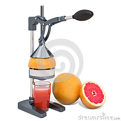 Manual citrus juicer with glass of grapefruit juice and grapefruits, 3D rendering Stock Photo