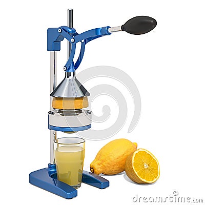 Manual citrus juicer with glass of lemon juice and lemons, 3D rendering Stock Photo