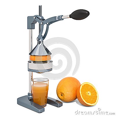 Manual citrus juicer with glass of orange juice and oranges, 3D rendering Stock Photo