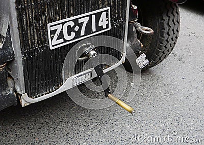 Manual hand crank handle on a vintage Leyland Titan R1 double decker bus Editorial Stock Photo