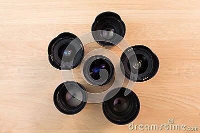 Manual interchangeable lenses for digital cameras. Equipment for video shooting with digital SLR cameras Stock Photo