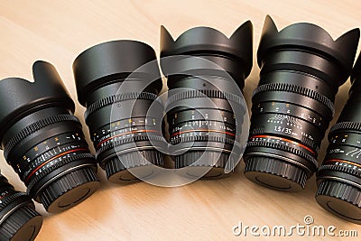 Manual interchangeable lenses for digital cameras. Equipment for video shooting with digital SLR cameras Stock Photo