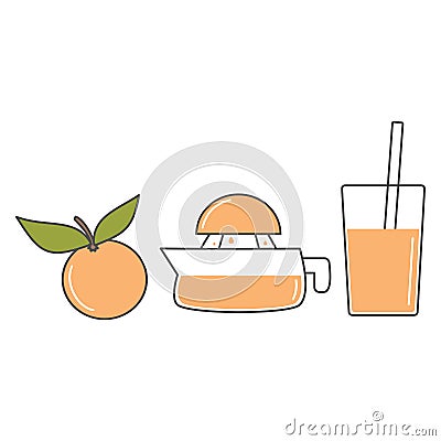 Manual juice squeezer and orange vector set illustration isolated on white background Vector Illustration