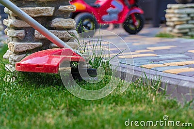 Manual lawn mower on the background of green grass Stock Photo