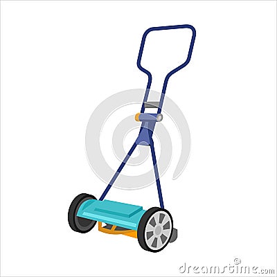 Manual, mechanical Lawn Mower. Object, lawnmower, trimmer on a white background in the cartoon style. A tool for working in the Vector Illustration