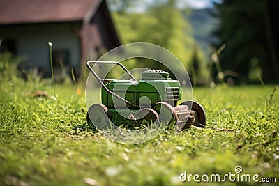 manual push lawn mower on a small lawn patch Stock Photo