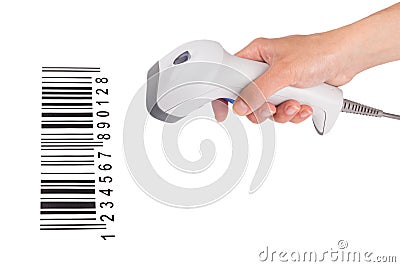 The manual scanner of bar code in a female hand Stock Photo