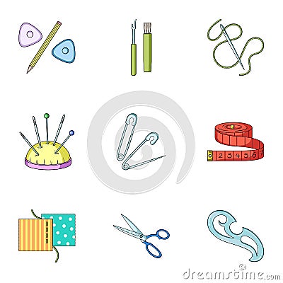 Manual sewing machine, scissors, maniken, thimble.Sewing or tailoring tools set collection icons in cartoon style vector Vector Illustration
