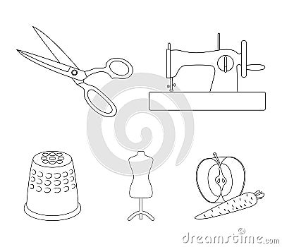 Manual sewing machine, scissors, maniken, thimble.Sewing or tailoring tools set collection icons in outline style vector Vector Illustration