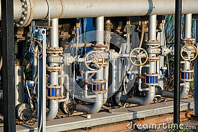 Manual valves for use in industrial areas that are commonly installed on tanks, pipes, pumps, ponds and wells in combined cycle Stock Photo