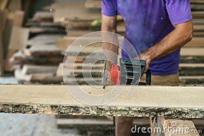 Manual wood concept. Cropped photo of cabinetmaker handyman saw Stock Photo