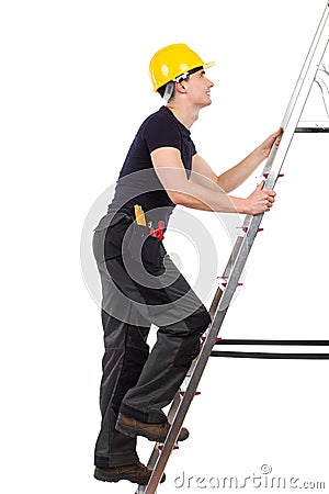 Manual worker climbing a ladder. Stock Photo