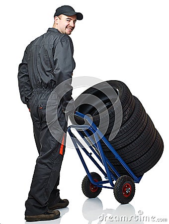 Manual worker with handtruck Stock Photo