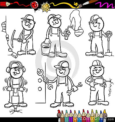 Manual workers set for coloring book Vector Illustration