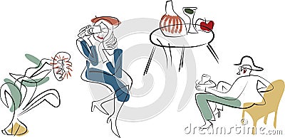 Abstract illustration of a woman and man sitting, drinking coffee a flower and leaves Vector Illustration
