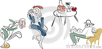 Abstract illustration of a woman and man sitting, drinking coffee a flower and leaves Cartoon Illustration