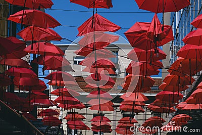 Manufactura Cafe Hanging Red Umbrellas Editorial Stock Photo