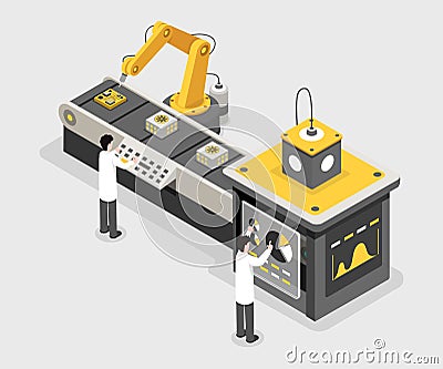 Manufacture process, data collecting facility workers. Engineers monitoring process, assembly line isometric Vector Illustration