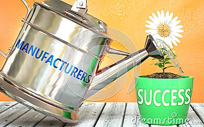 Manufacturers helps achieve success - pictured as word Manufacturers on a watering can to show that it makes success to grow and Cartoon Illustration