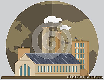 Manufactures and factories pollute air and atmosphere. Enterprise on background of destroyed planet. Vector Illustration