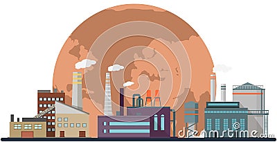 Manufactures and factories pollute air and atmosphere. Plants emit harmful substance, smoke and smog Vector Illustration