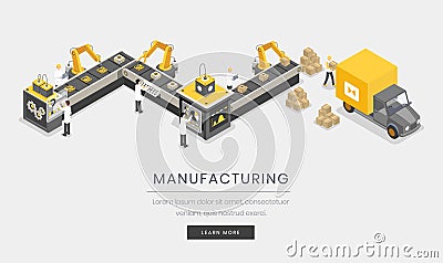 Manufacturing business, company landing page template. Fully automated, autonomous manufacture process Vector Illustration