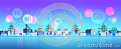 Manufacturing factory buildings 5G online wireless system connection industrial zone plant with pipes and chimney power Vector Illustration