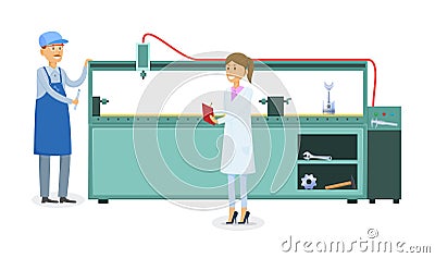 Manufacturing factory, worker in working form near technological metalworking machine Vector Illustration