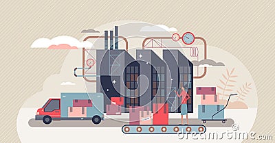 Manufacturing goods in factory with automated belt tiny person concept Vector Illustration