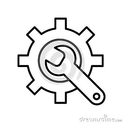 Manufacturing Icon. Gear and Wrench. Service Symbol. Flat Line Pictogram. Isolated on white background. Vector Illustration