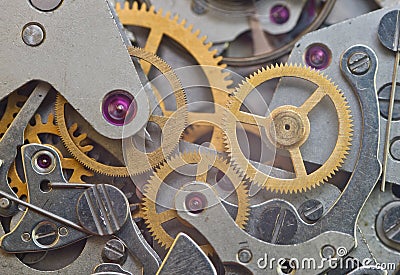 Manufacturing or industrial background. Concept Teamwork or idea Technology. Gears and cogs in clockwork. Macro Stock Photo
