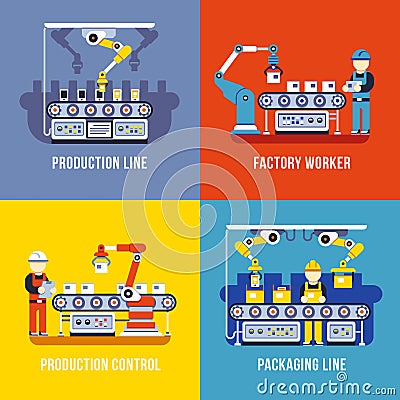 Manufacturing industry, production line, factory worker vector flat concepts set Vector Illustration