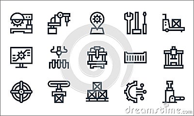 Manufacturing line icons. linear set. quality vector line set such as hydraulic jack, package, valve, settings, conveyor belt, Vector Illustration