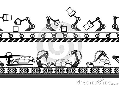 Manufacturing line with robot hands Vector Illustration